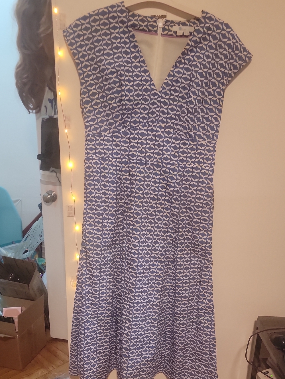 BODEN white and blue mosaic pattern dress